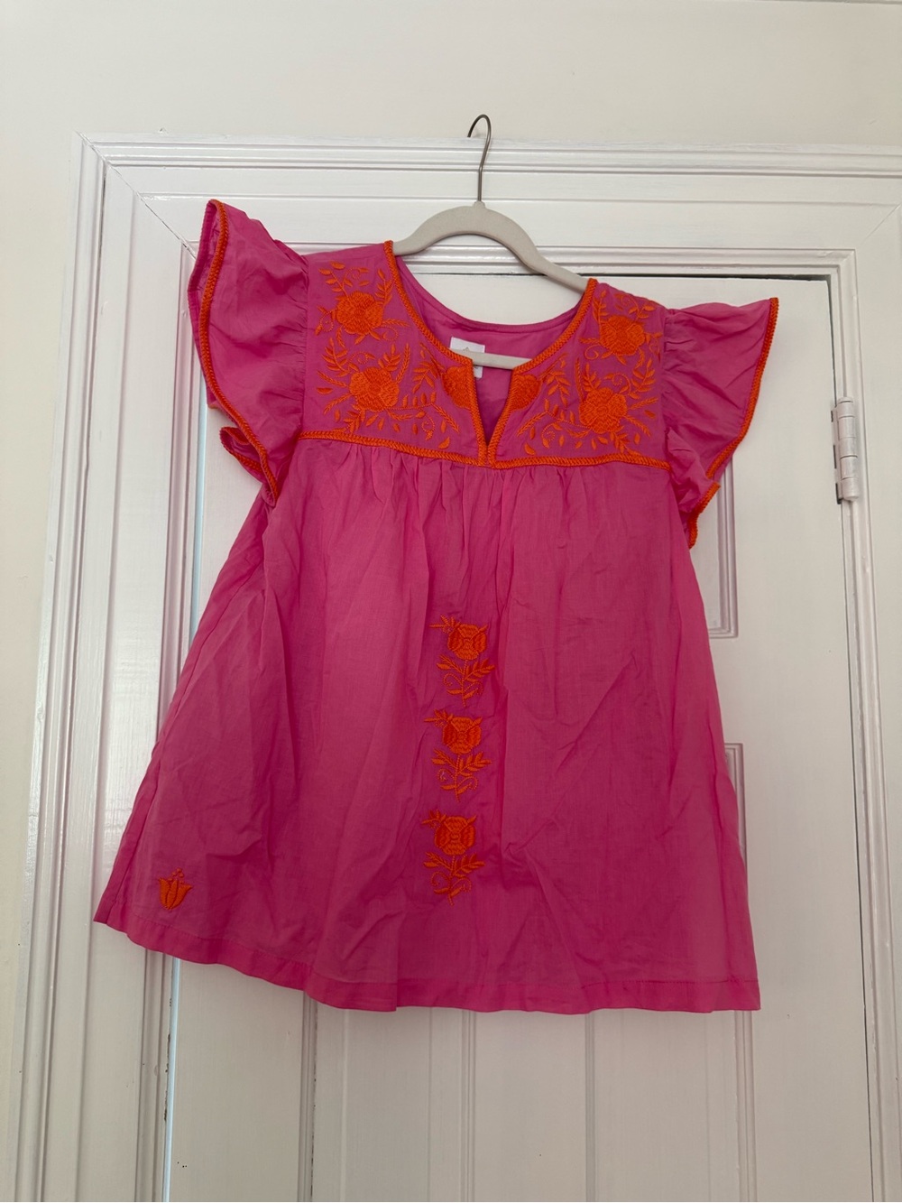 Pink Embroidered Flutter-Sleeve Top